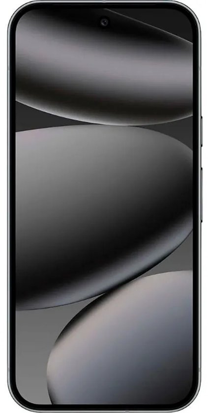 Voorkant van een zwarte smartphone met een dunne rand en een centrale camerauitsnede in het scherm.