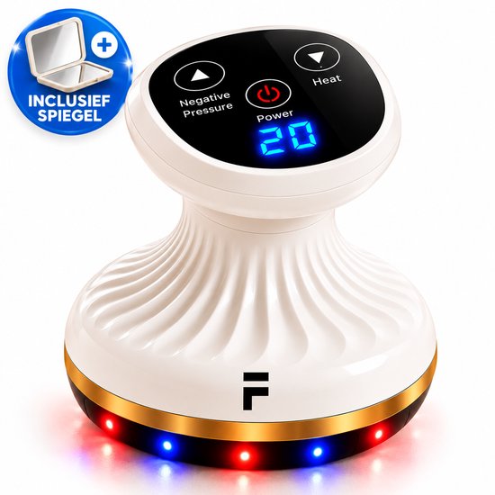 Wit en goud cuppingapparaat met digitaal scherm en inclusief spiegelaccessoire.