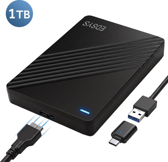 Zwarte EDSYS 1TB externe harde schijf met diagonaal gestreept patroon, blauw statuslampje en USB-kabel met adapter.