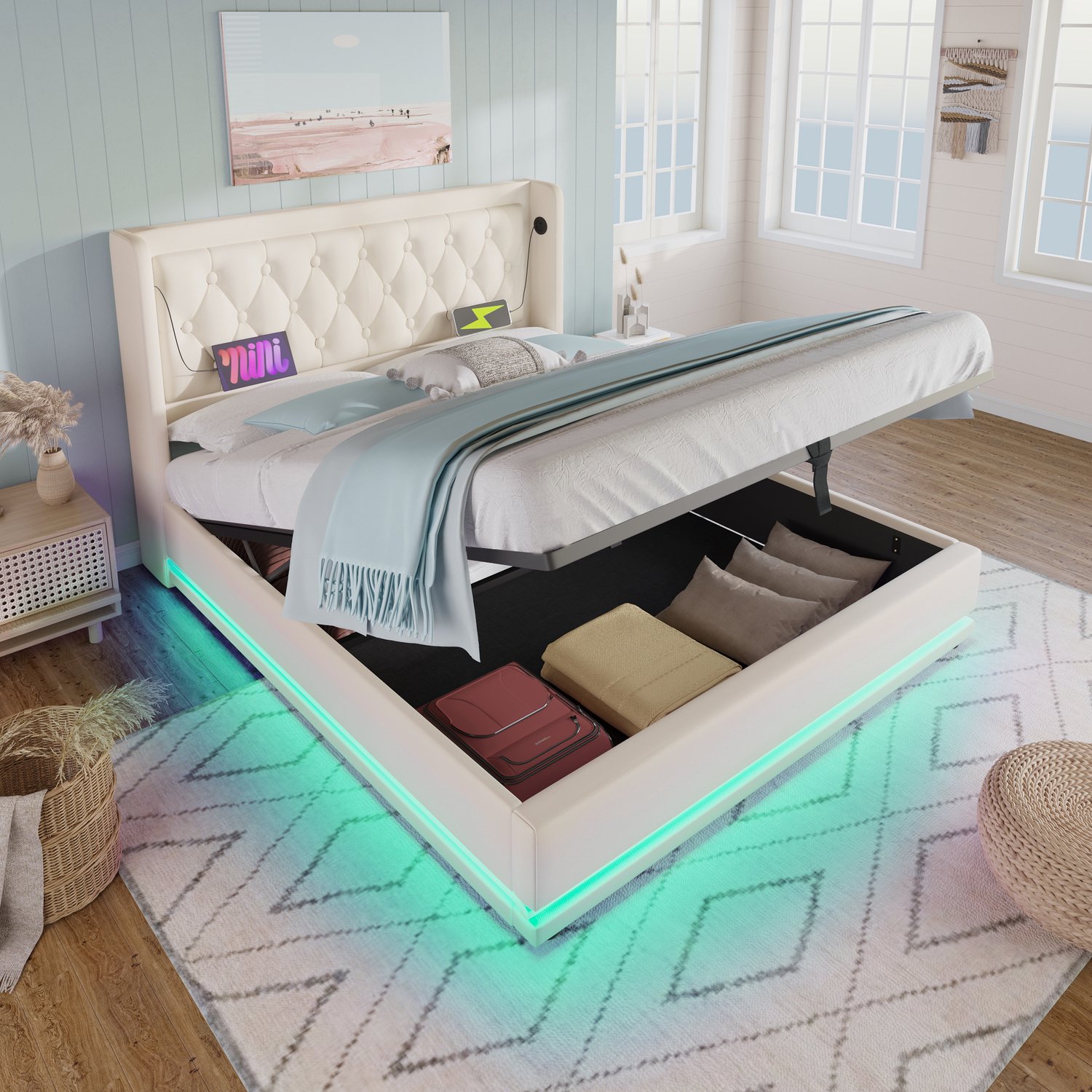 WUVRIE Gestoffeerd bed 160x200 cm - Hydraulische opbergruimte, LED en USB - Wit