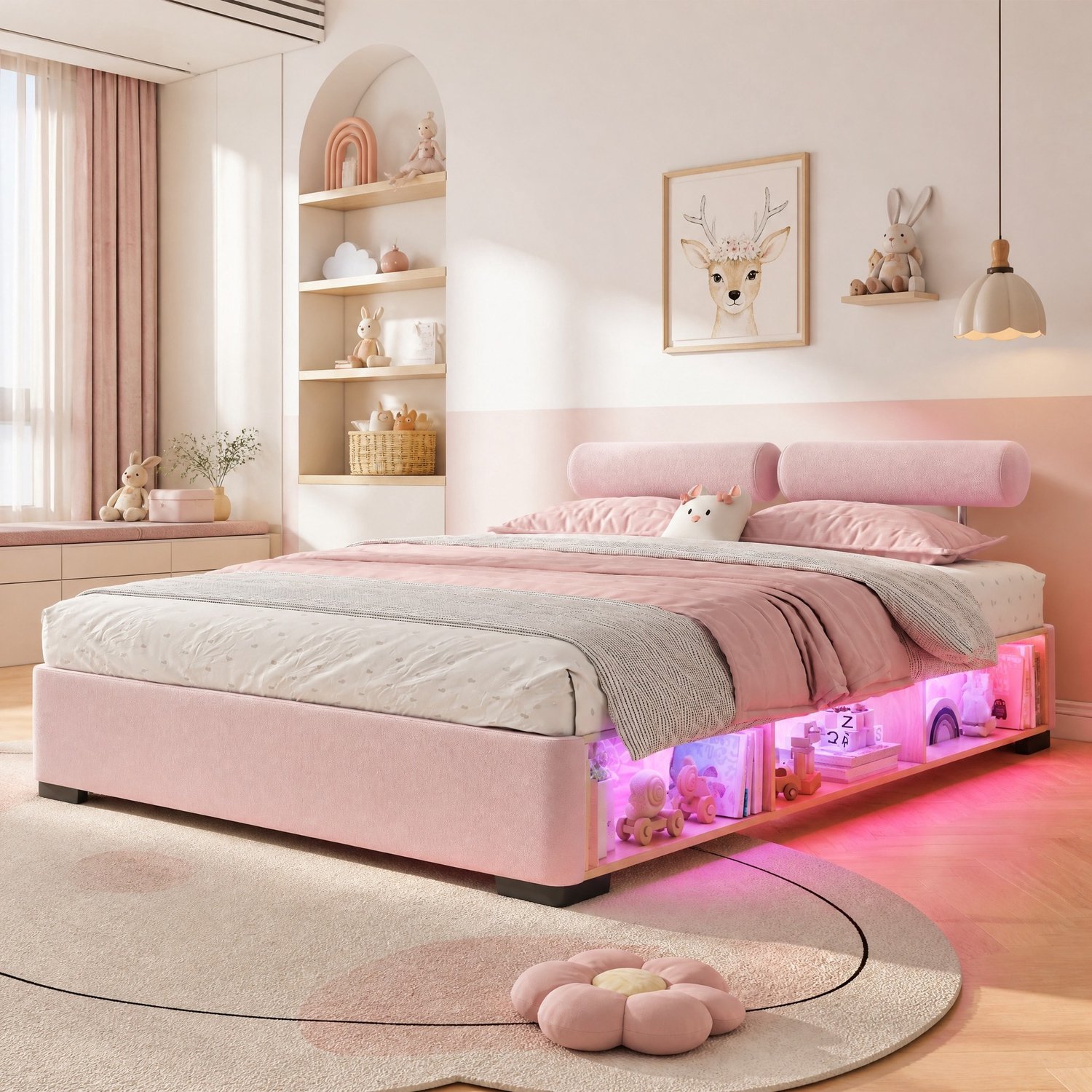 WUVRIE Gestoffeerd kinderbed 140x200 cm - Open zijrek met LED-verlichting - Roze