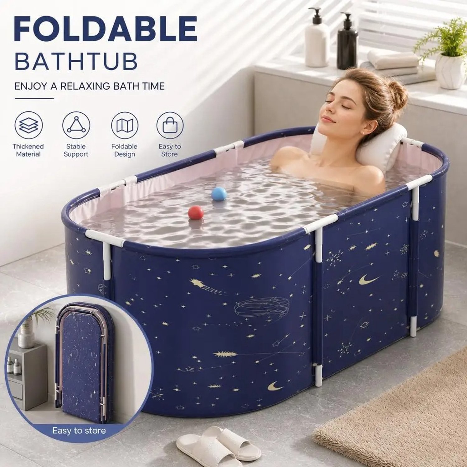Velmio Opvouwbaar Bad voor Volwassenen - Zitbad - 120 cm - Draagbare Badkuip voor Douche - Inklapbaar Bad - Mobiele Badkuip - Spabad voor Thuis - Wellness - 120 x 60 cm - Vrijstaand Bad - Kunststof - Blauw - Voor Gezin