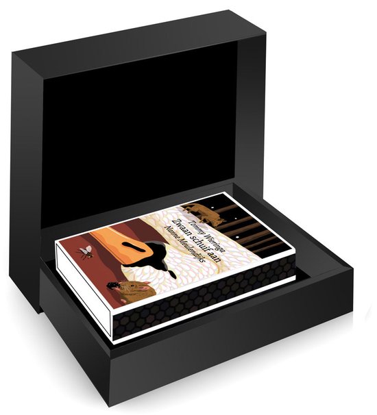 Klein boekje met illustratie van een zwaan in een zwarte luxe geschenkdoos.