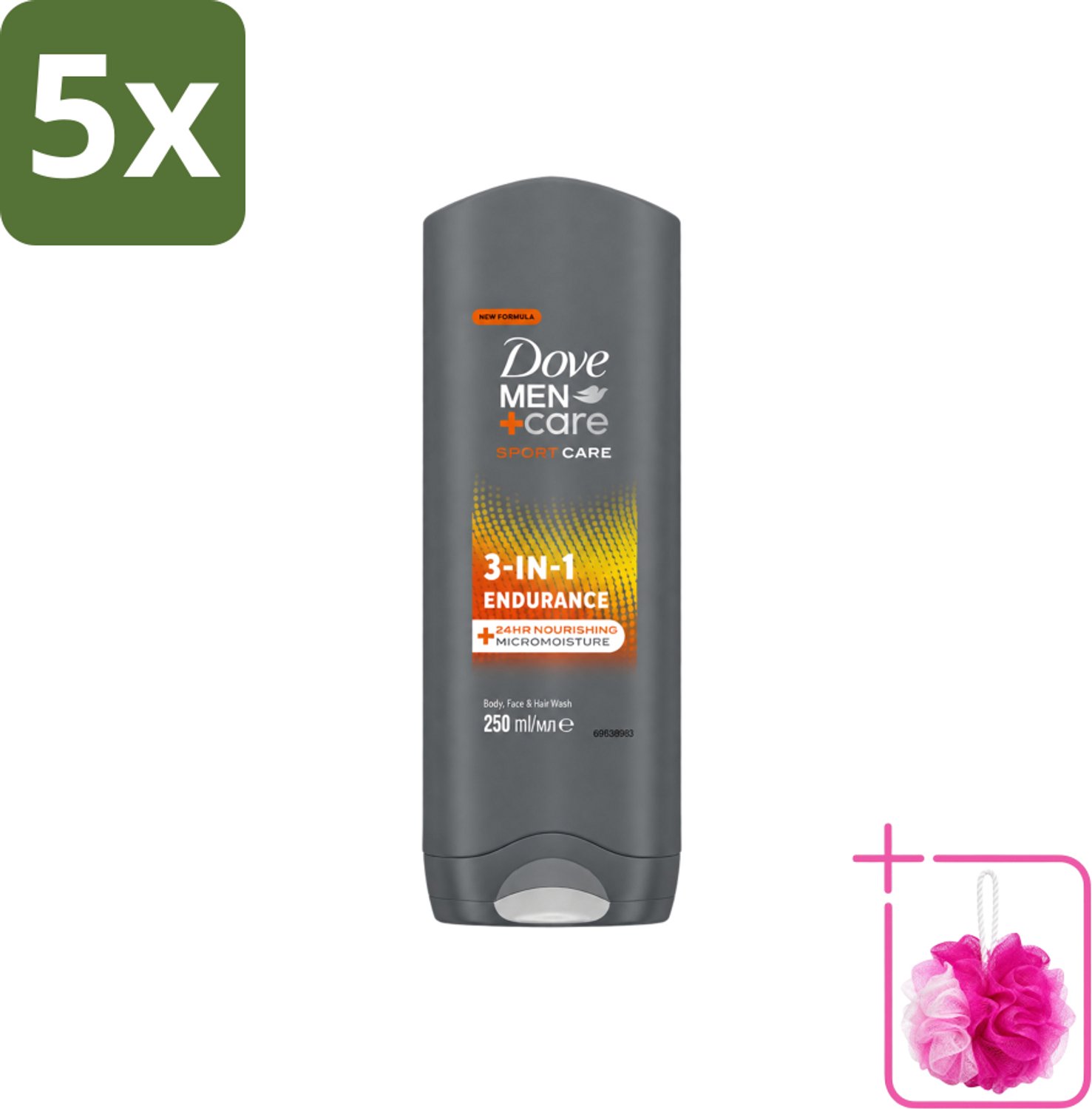 5 x Dove Men+Care 3-in-1 Douchegel - Sport - 250 ml - Bulkverpakking - Sportverzorging - Douchemop - Lichaamverzorging