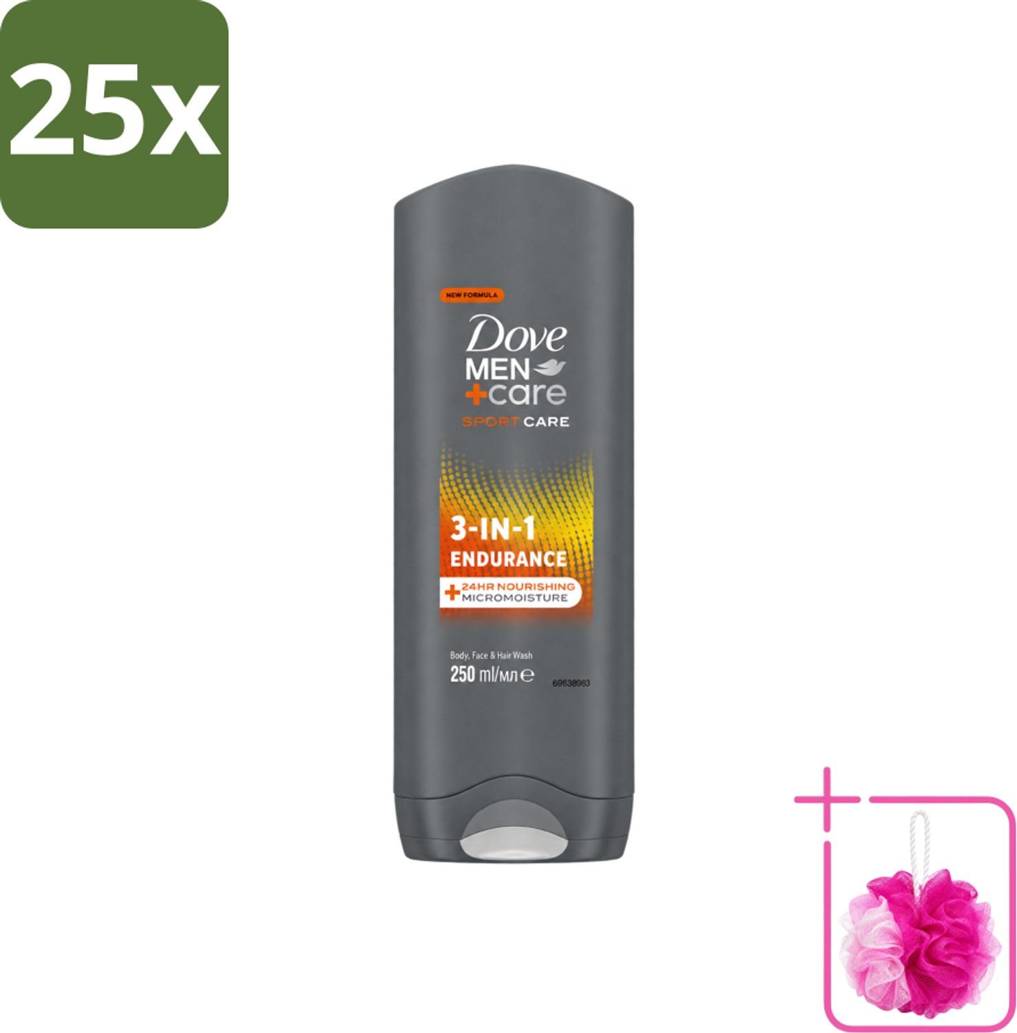 25 x Dove Men+Care 3-in-1 Douchegel - Sport - 250 ml - Bulkverpakking - Sportverzorging - Douchemop - Lichaamverzorging