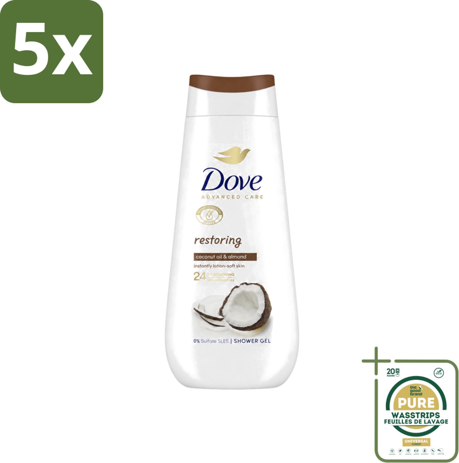 5 x Dove Douchecrème - Restoring - Kokos & Amandel - 225 ml - Wasstrips - Douchegel - Huidherstel - Kokosolie - Amandelextract - Droge Huid