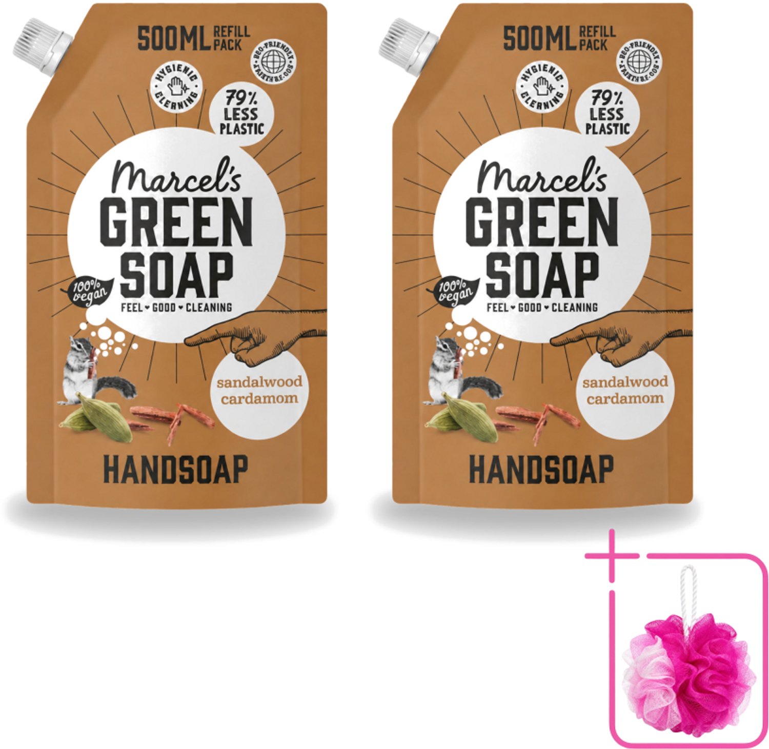 2 x Marcel’s Green Soap – Handzeep Navulling – Sandelhout & Kardemom – 500 ml - Bulkverpakking - Handzeep navulling - Douchemop - Sandelhout en kardemom