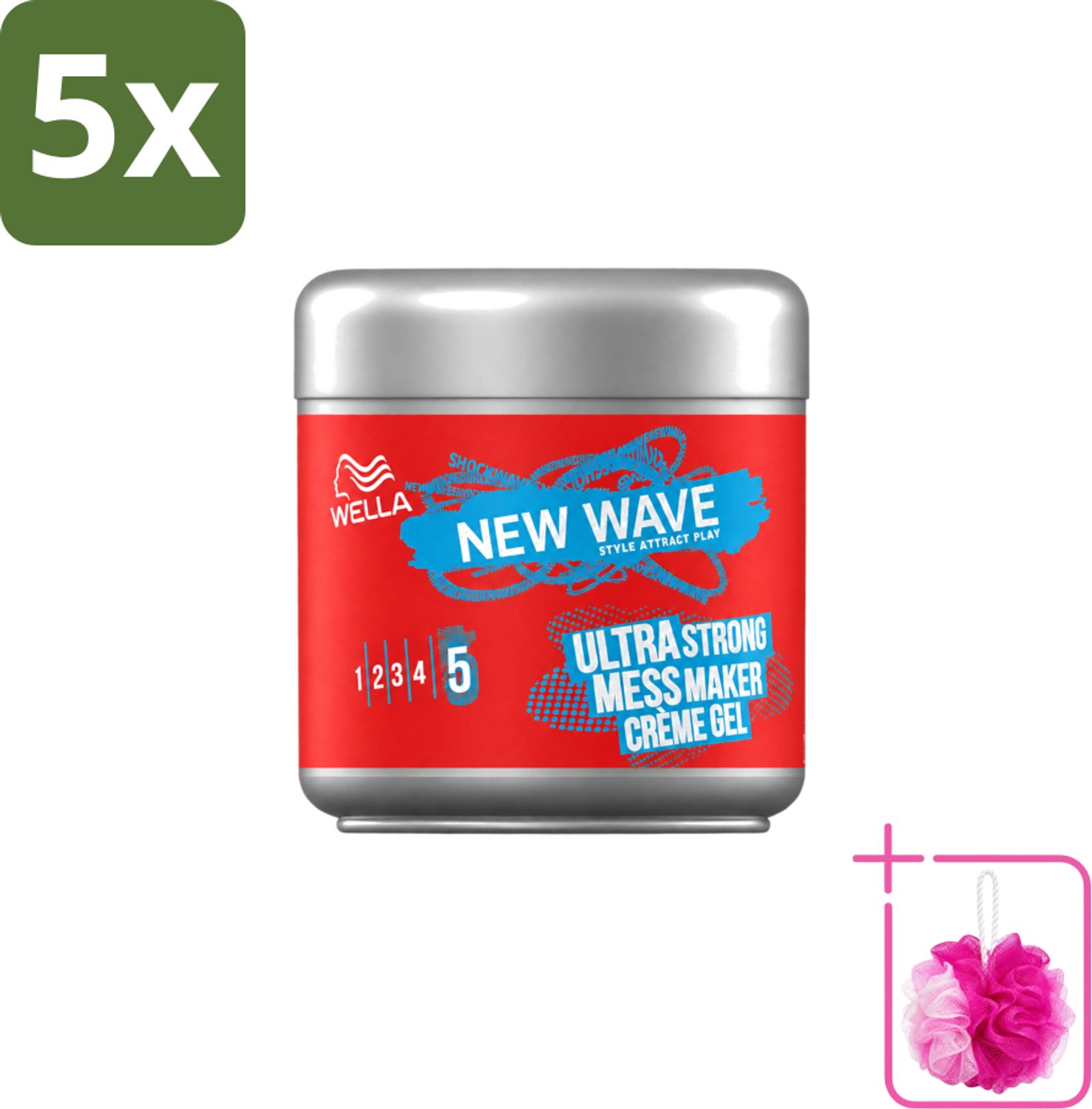 5 x Wella – New Wave Mess Maker Ultra Strong – Haargel – 150 ml - Bulkverpakking - Warrige look - Douchemop - Haarstyling