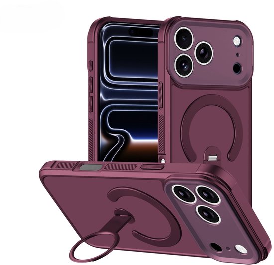 Bordeauxrood smartphonehoesje met camera-bescherming en uitklapbare ringhouder in verschillende hoeken.