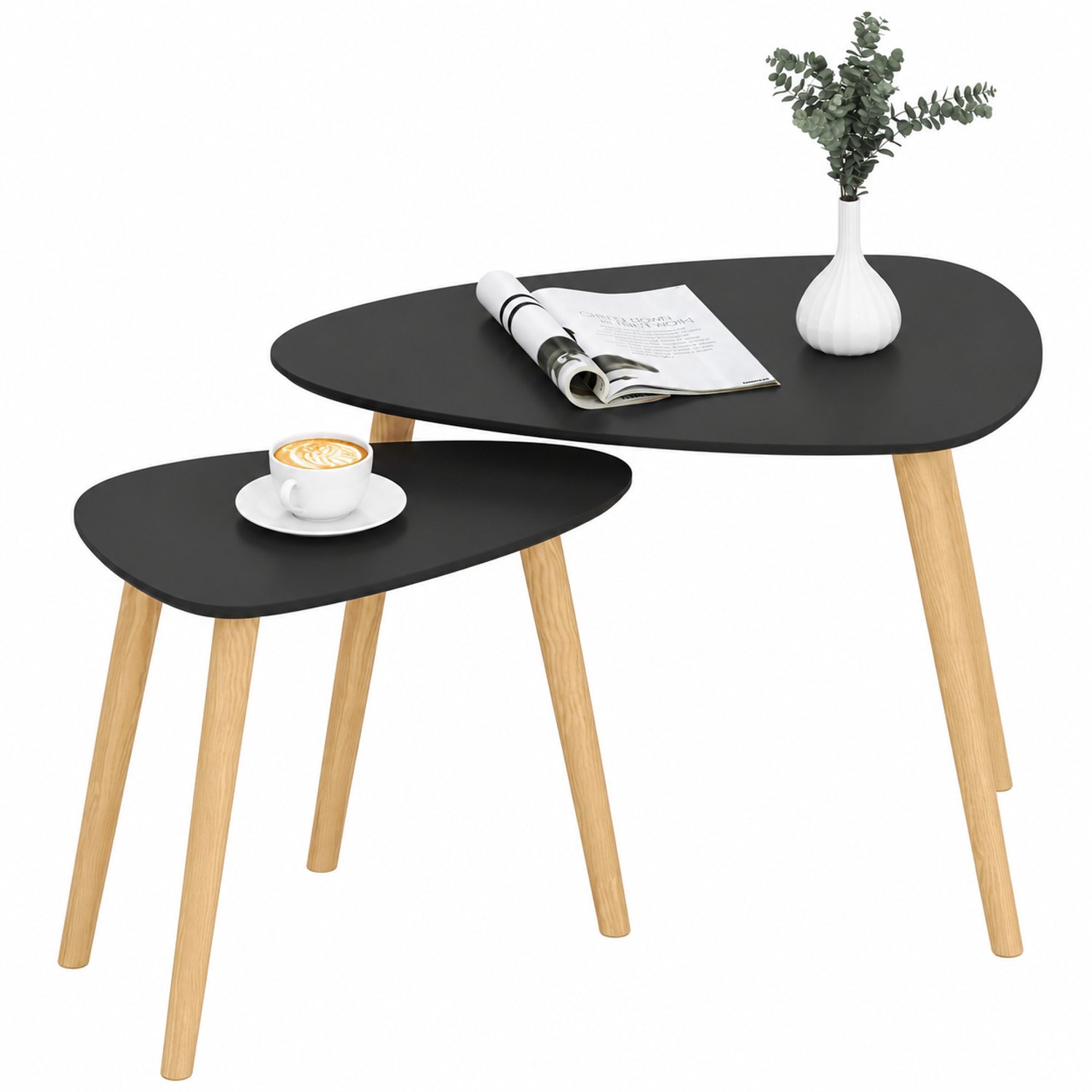 MokoHub Set van 2 Salontafels - Moderne Nesttafel - Bijzettafels - Grenenhouten Poten - Woonkamer - 59.5x39.5x45 cm - Zwart