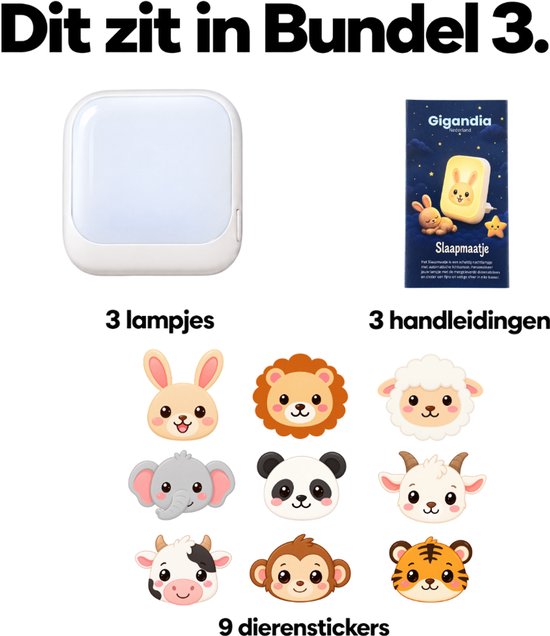 Inhoud bundel 3: 3 nachtlampjes, 3 handleidingen en 9 verschillende dierenstickers.