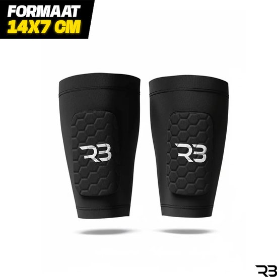 Twee zwarte R3 scheenbeschermers met honingraatpatroon, formaat 14x7 cm.