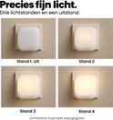 Vier standen van het nachtlampje: uit en drie verschillende intensiteiten van warm wit licht.