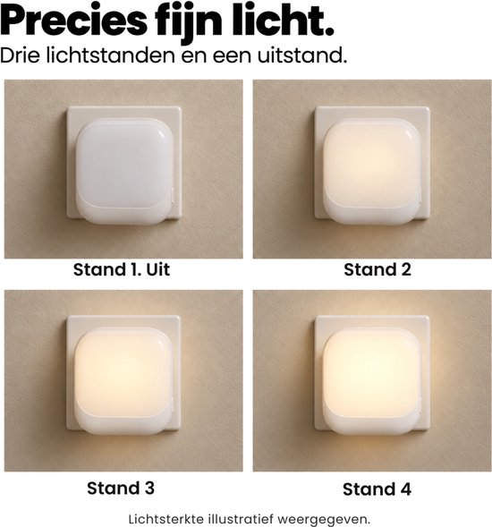 Vier standen van het nachtlampje: uit en drie verschillende intensiteiten van warm wit licht.