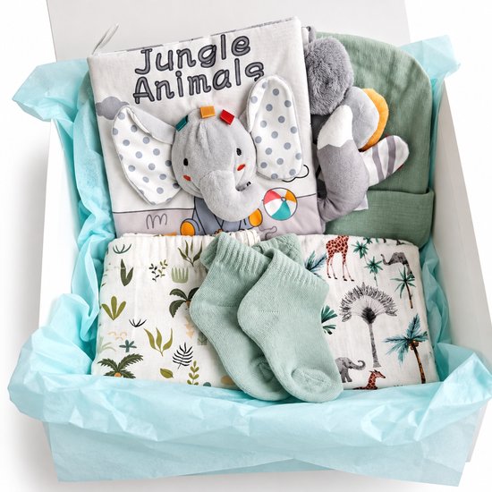 Kraamcadeau pakket - unisex - jungle - dieren - Kraammand - Babycadeau - broekje - Babyshowercadeau - groen — afbeelding 2
