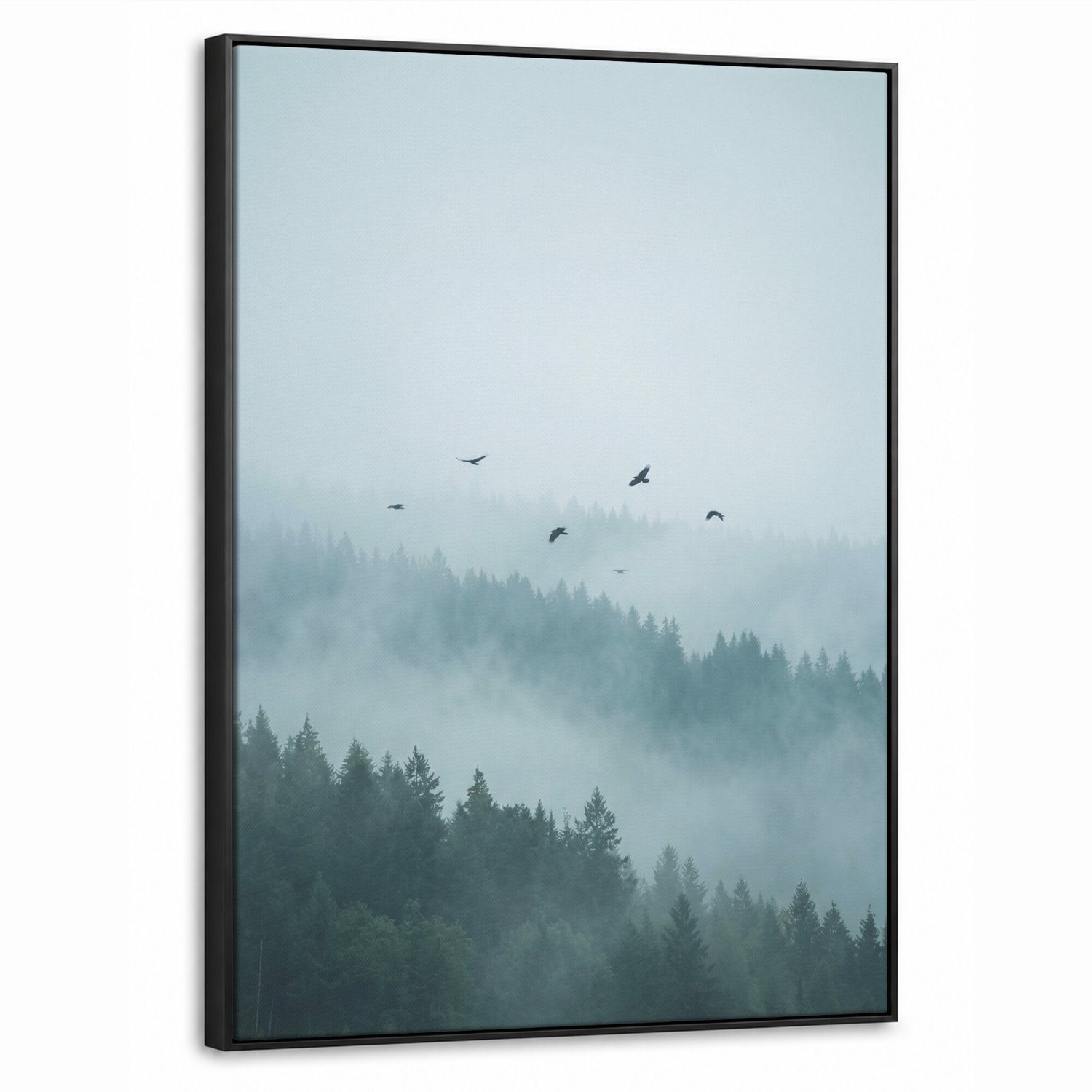 Canvas Schilderij met Baklijst - Bos - Mist - Vogels - Natuur - Groen