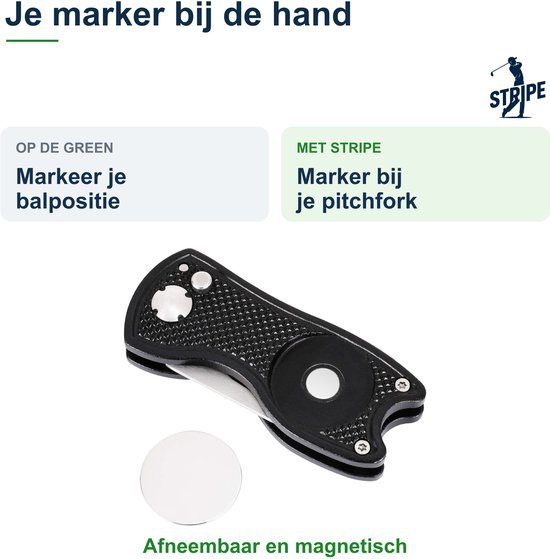 Zwarte inklapbare pitchfork met afneembare magnetische balmarker. Tekst: Je marker bij de hand.
