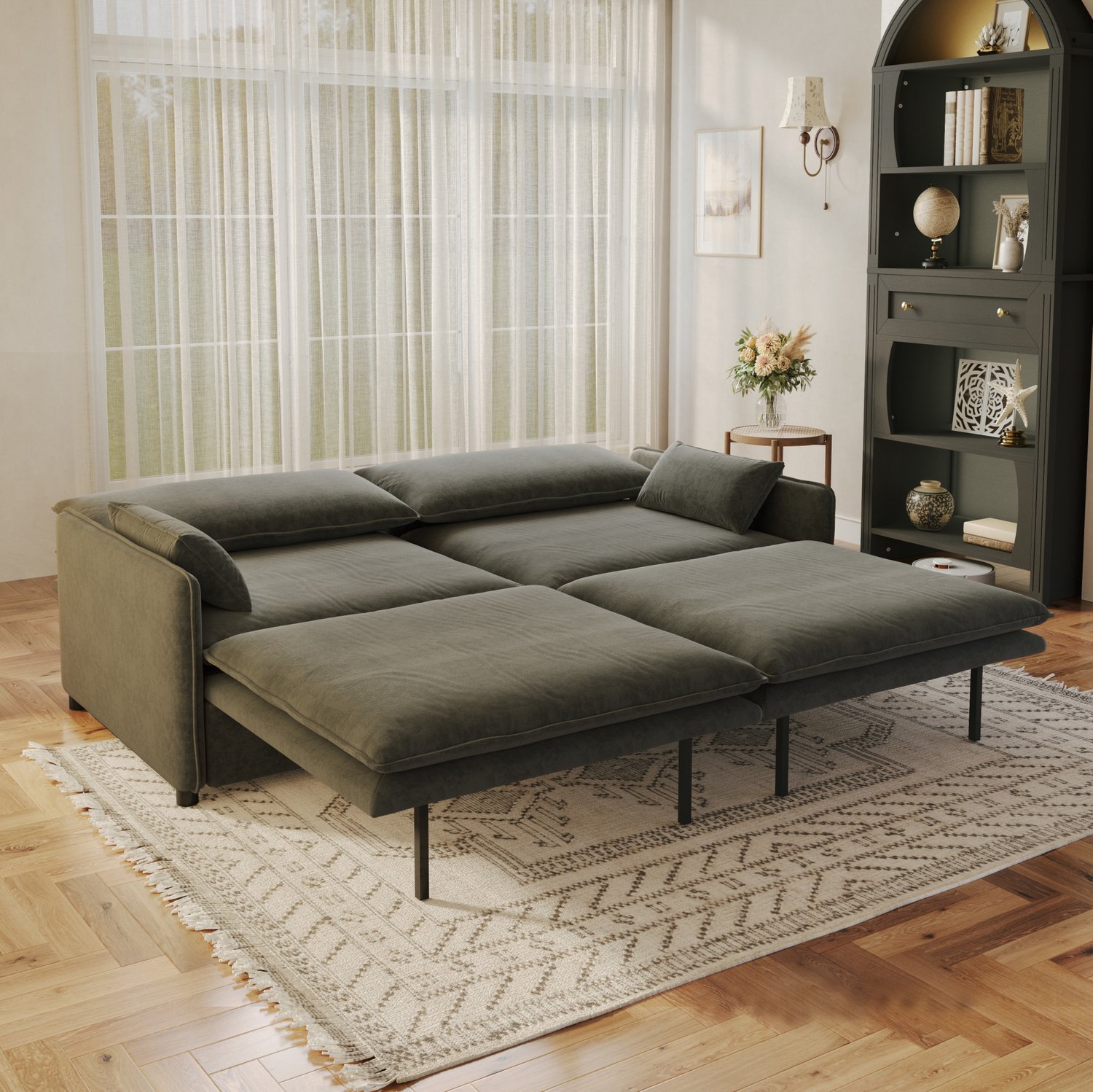 MIVRAY Slaapbank 206 cm - Uitschuifbaar met Opbergruimte en Verstelbare Rugleuning - Voor Woonkamer en Logeerkamer - Chenille - Donkergrijs