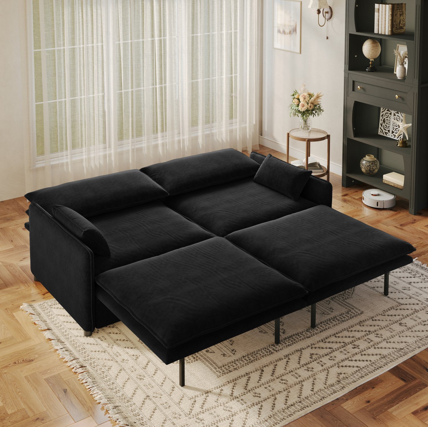 MIVRAY Slaapbank 206 cm - Uitschuifbare 3-Zitsbank Met Opbergruimte - Voor Woonkamer en Slaapkamer - Chenille - Zwart