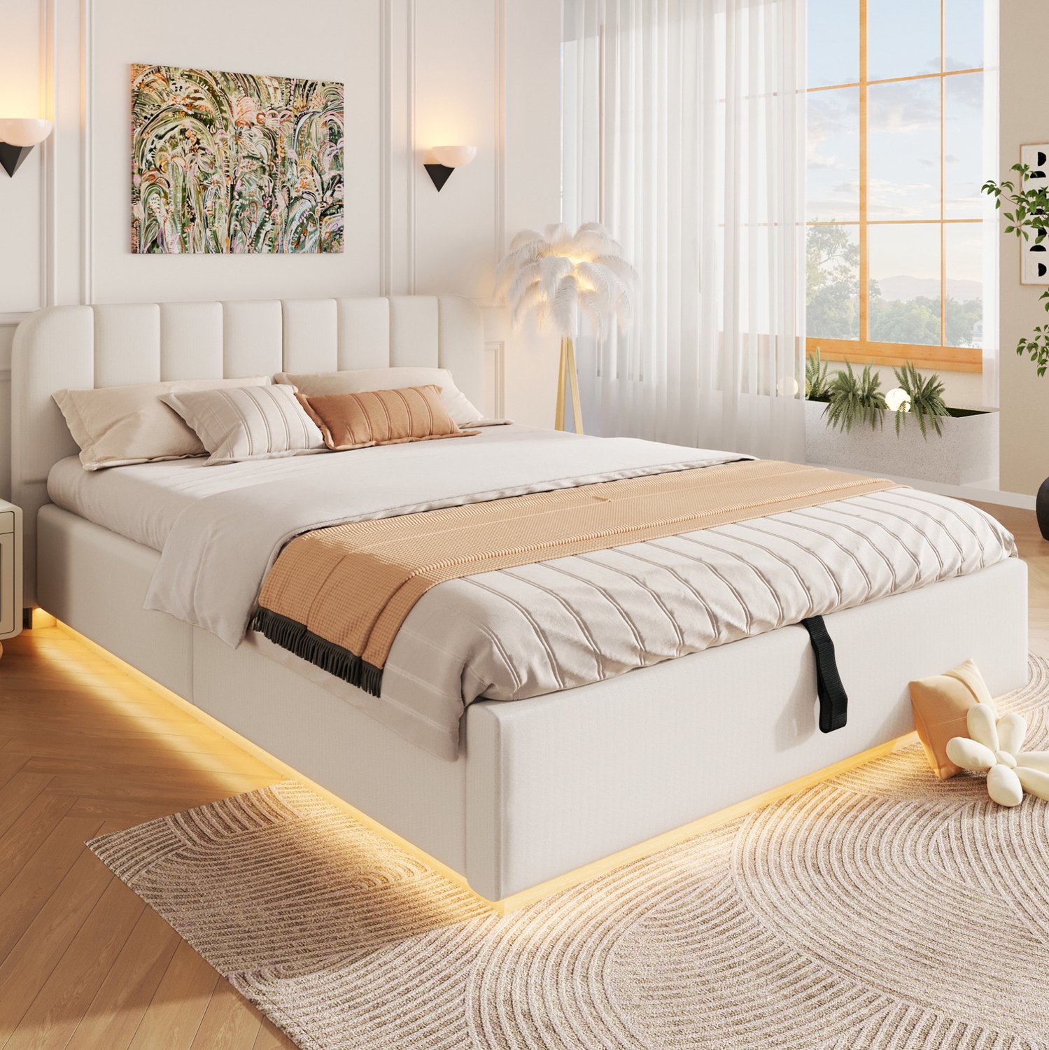 OKWISH Gestoffeerd Bed 140 x 200 cm - Met Lattenbodem en Sfeerverlichting - Hydraulische Opbergruimte - Zonder Matras - Chenille - Beige