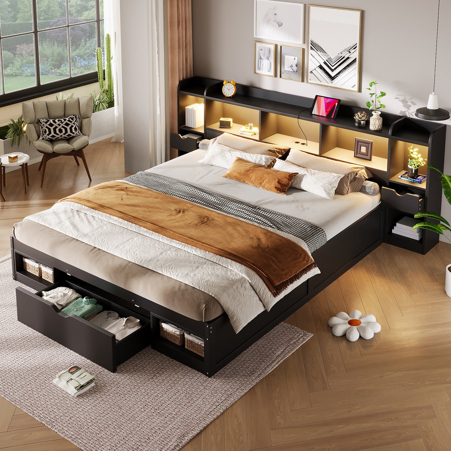 WUVRIE Bedframe 180x200 cm - Opbergruimte in hoofd- en voeteneind, 3 lades en LED-verlichting - Zwart