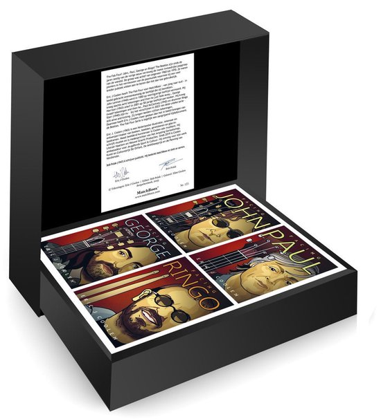 Luxe zwarte geschenkdoos met vier MatchBoox-boekjes over The Beatles en een begeleidende tekst.