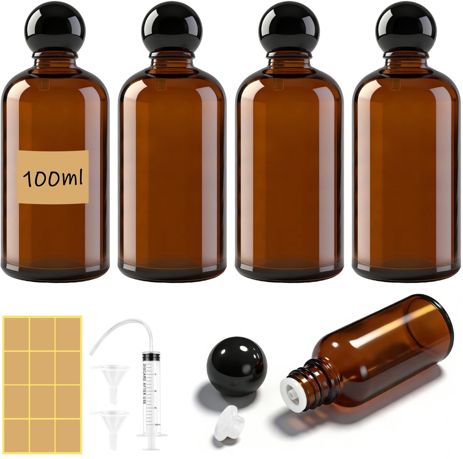 Set van 5 Amber Glazen Flessen 100ml voor Essentiële Oliën