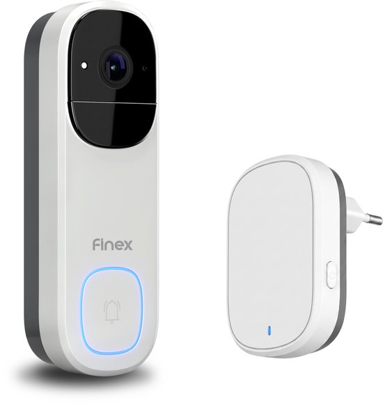 Witte Finex videodeurbel met camera, verlichte belknop en bijbehorende draadloze stekkerontvanger.