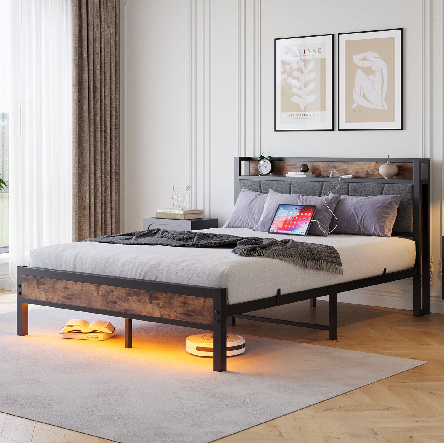 COVREO Bedframe 140x200 cm - Antique Brown - MDF en Metaal - Met LED en USB - Opbergruimte onder het Bed - 13 Latten - Zonder Matras