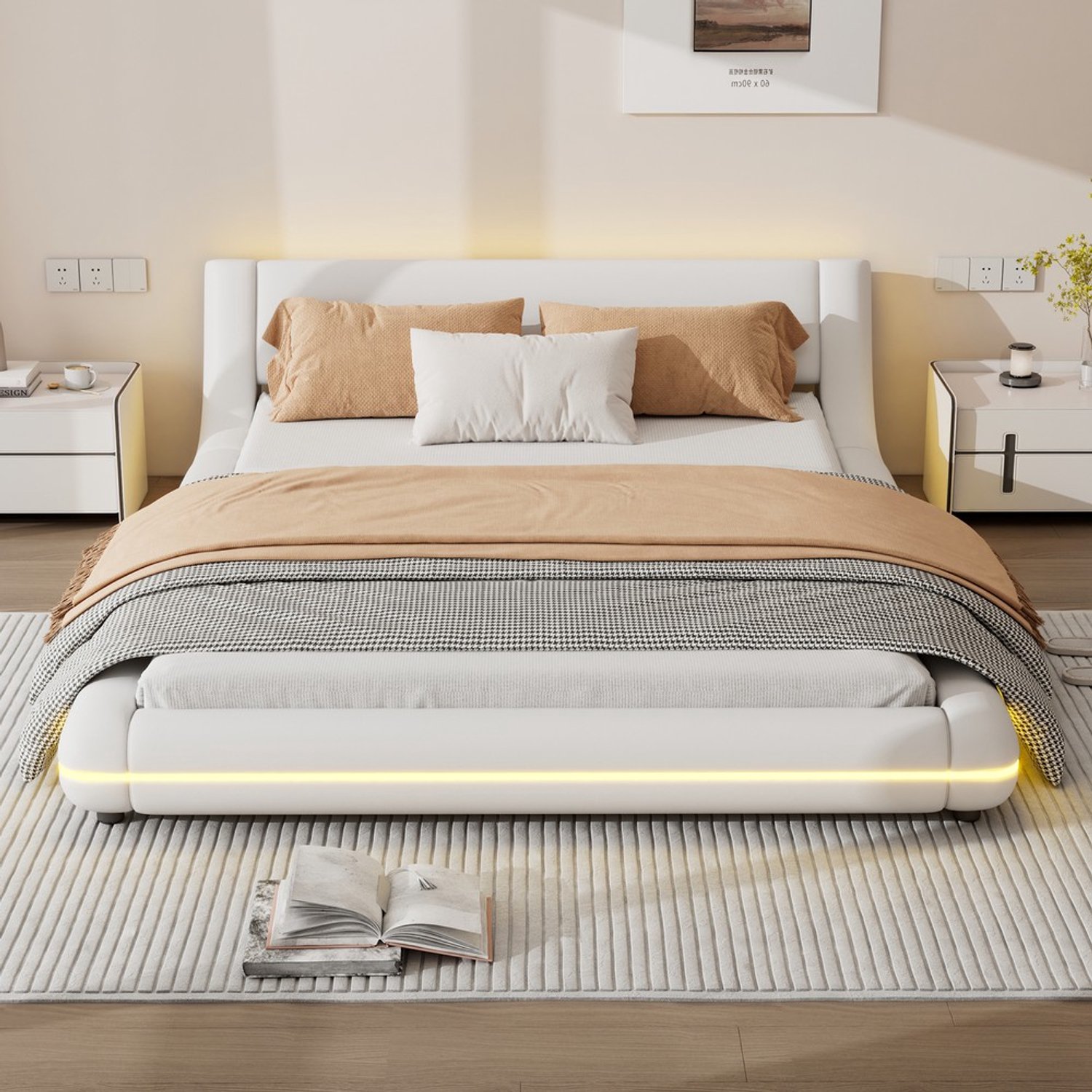 KOMHTOM Vloerbed - 140x200 cm - PU - Wit - LED-sfeerverlichting - Sfeerverlichting - LED-verlichting
