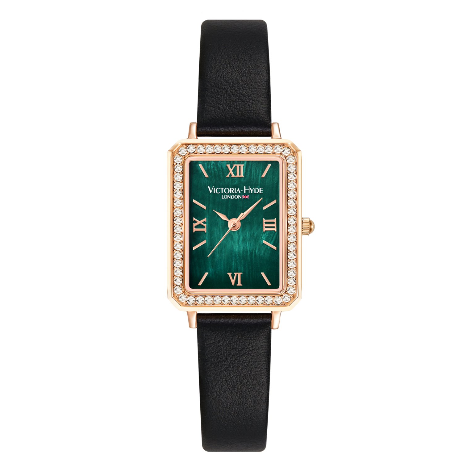 Victoria Hyde “Westminster”- Dameshorloge Groen met Zwarte Leren Band - Polshorloge - Elegante Horloge - Analoog - Diamantdetails - quartz horloge - zwart groen