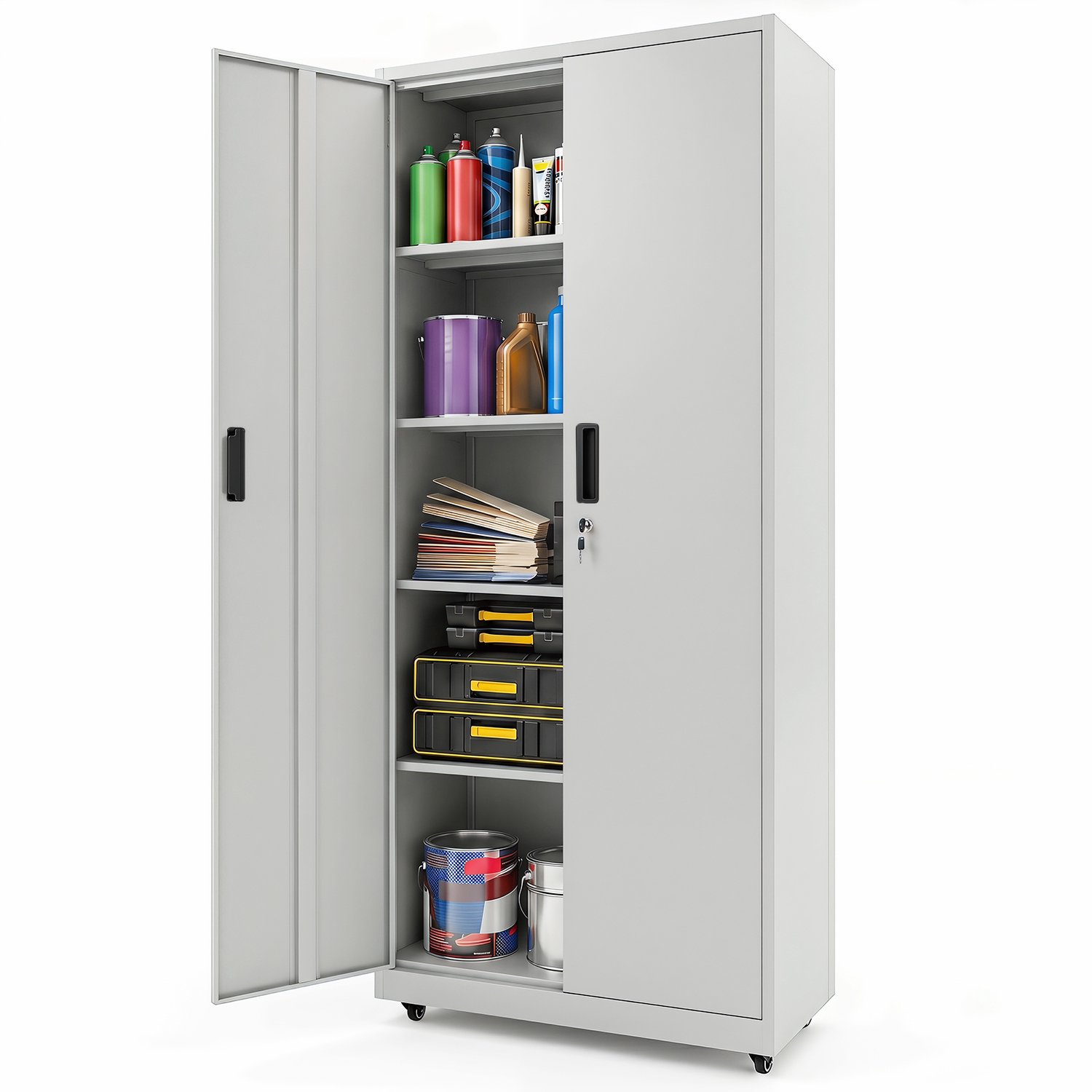 Costway Archiefkast met 5 niveaus, afsluitbaar, met dubbele deur en wielen Grijs