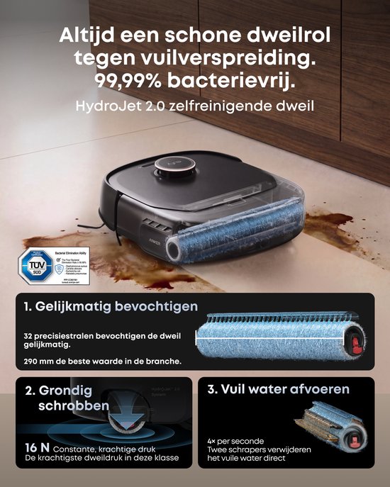 HydroJet 2.0 dweilrobot die vloeren schrobt en de dweilrol automatisch reinigt met 60 graden water.