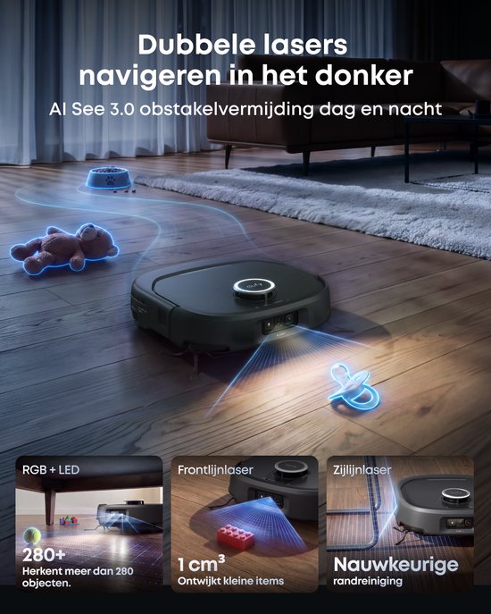 AI.See 3.0 obstakelvermijding met dubbele lasers die objecten zoals speelgoed in het donker detecteert.