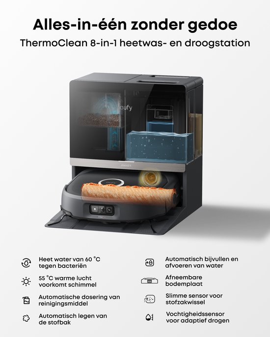 ThermoClean 8-in-1 basisstation dat de robotstofzuiger met heet water wast en droogt.