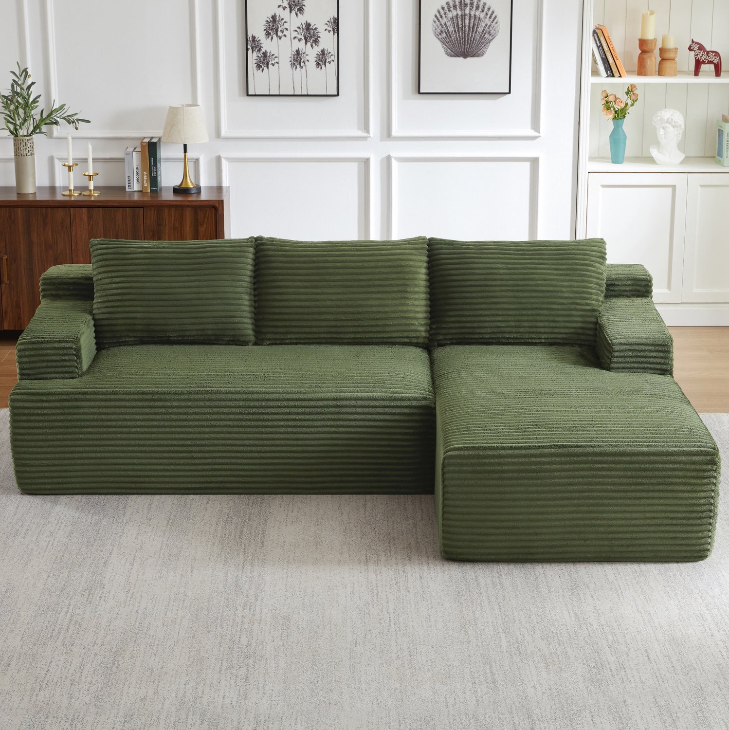 MIVRAY Hoekbank 238 cm - L-Vormig en Modulair met Zachte Zit - Voor Woonkamer en Logeerkamer - Ribfluweel - Groen