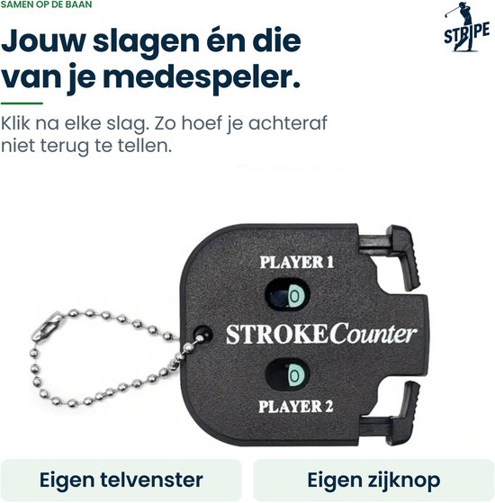 Zwarte Stroke Counter voor twee spelers met ketting en zijbedieningsknoppen.