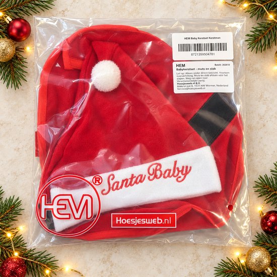 HEM Baby Kerstset Kerstman - Slabbetje en Kerstmuts - Rood en Wit - 2-delig — afbeelding 2
