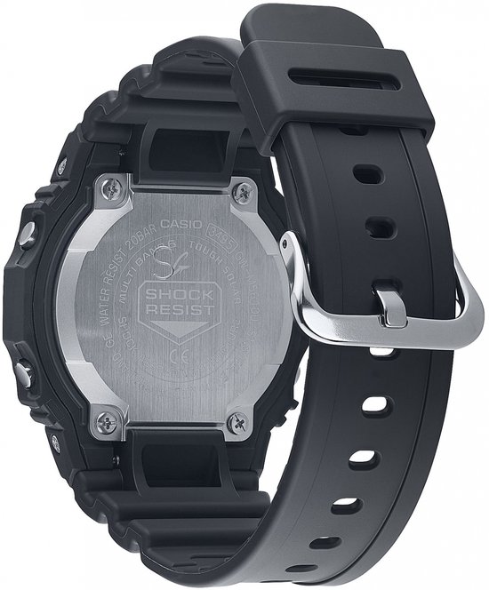 Achterkant van een zwarte Casio G-Shock met zilverkleurig metalen deksel en G-Shock logo.