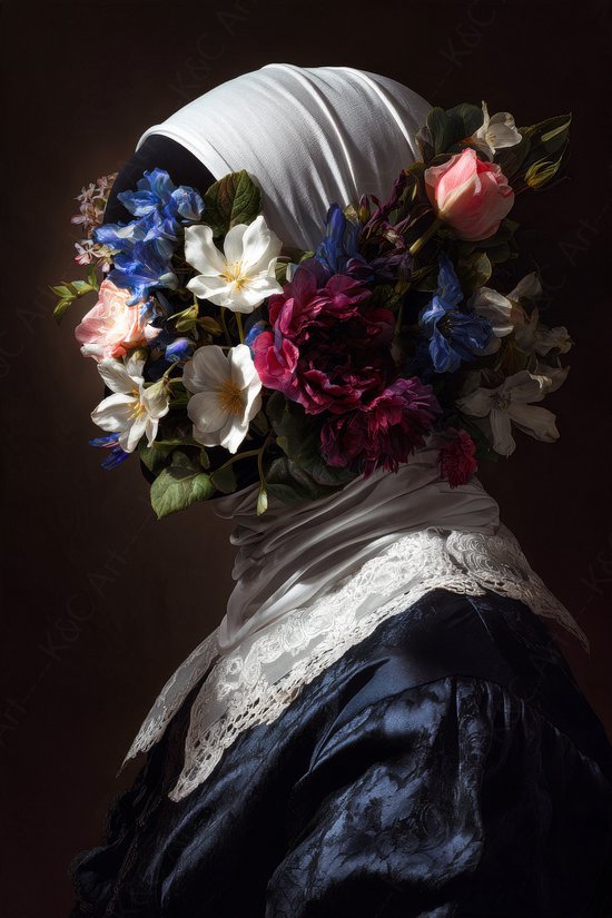 Portret van een vrouw in klassieke outfit met een witte hoofdbedekking en een gezicht bedekt door kleurrijke bloemen.