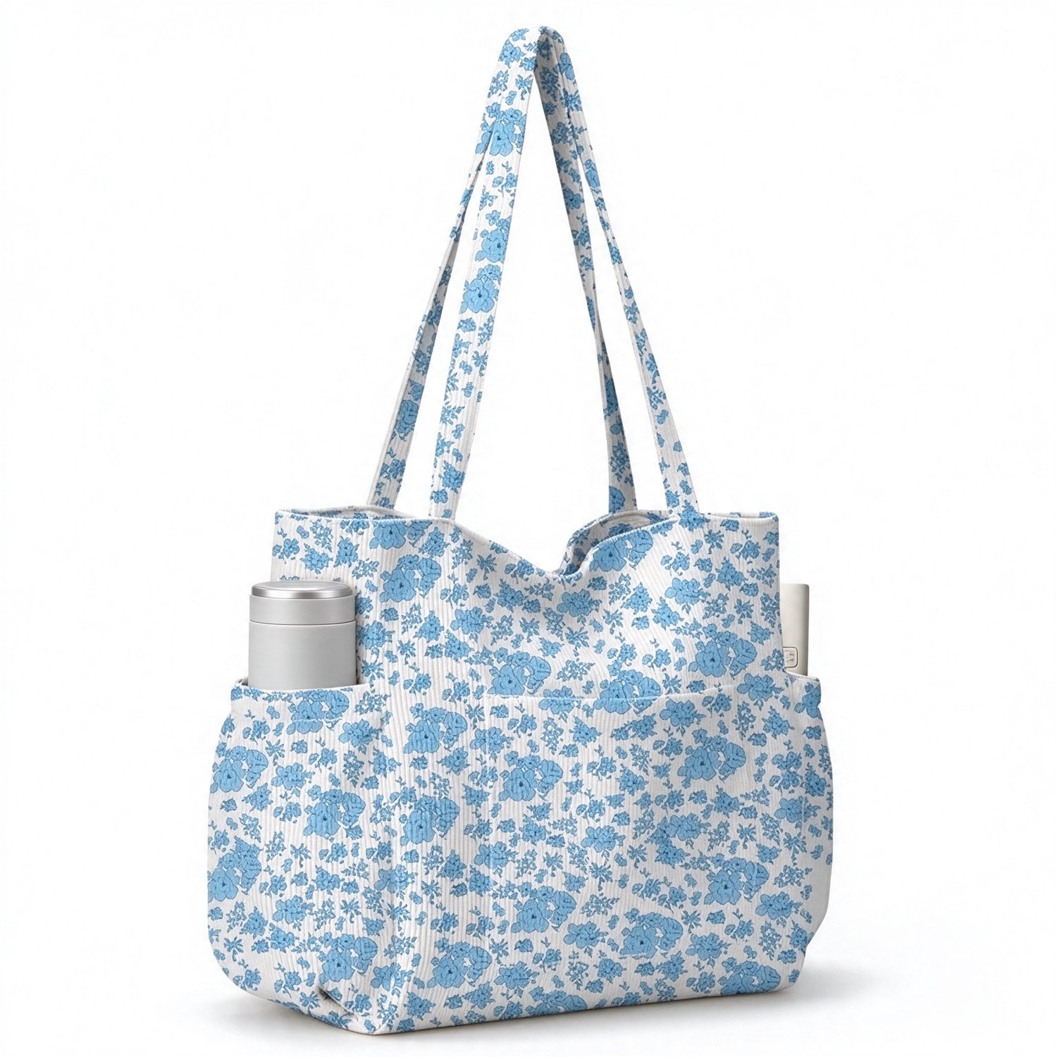 Lifhelpe Reistassen accessoires - XL Dames Strandtas - Afmetingen 38,5 x 36 cm, corduroy met vintage blauwe bloemenprint - Met zijvakken en rits, grote opbergcapaciteit - Geschikt voor strand en vakantie