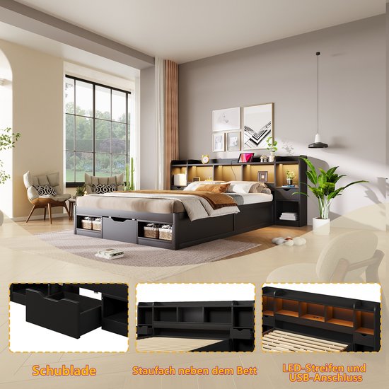Zwart bed met details van de schublade, opbergvakken, LED-strips en USB-aansluiting.