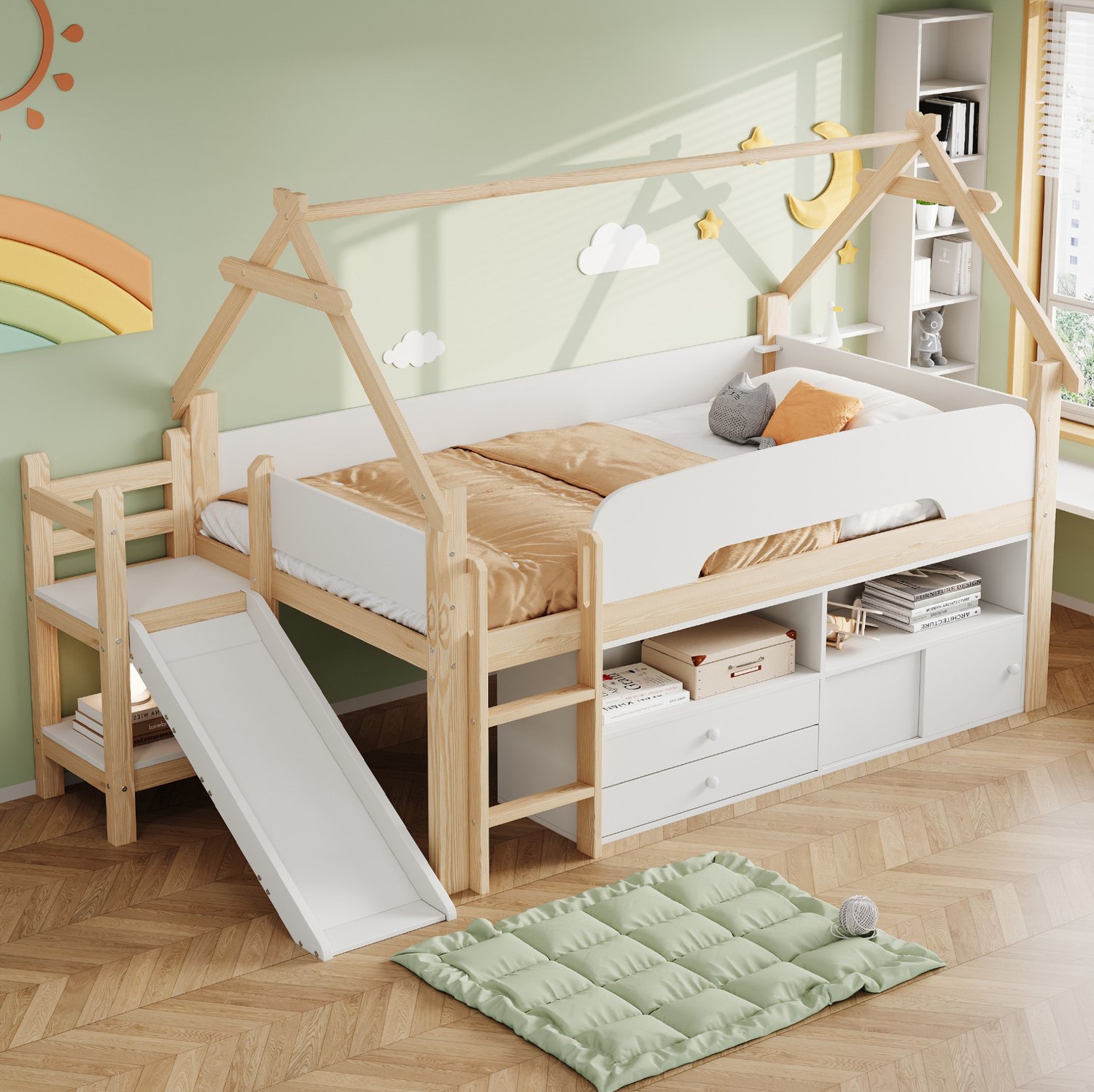 Wishdor Kinderhoogslaper 90x200 cm - Glijbaan en uitvalbeveiliging - Dakvormig frame - Speelruimte met laden, open vakken en schuifdeurkasten - Hout en MDF - Wit, grijs en houtkleur Naturel en wit