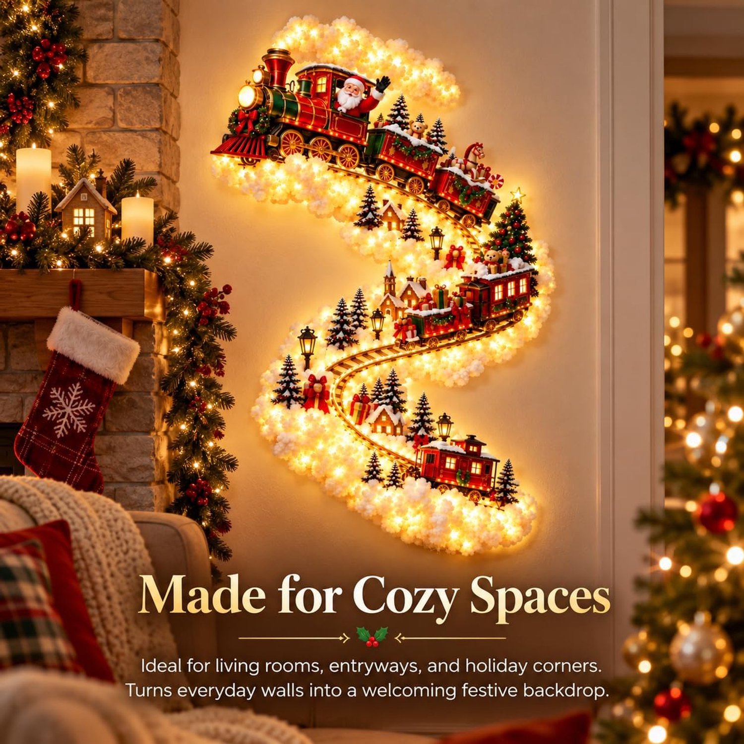 Kerstwandlamp - Warm wit LED - Verticale kerstwandlamp - Hangende decoratie met kerstman en trein - Waterval LED-wandlamp - Decoratieve kerstverlichting - Feestelijke sfeer - Kerstdecoratie - 44*88 cm - Ontwerp met kersttrein - Rood + Groen – foto 7