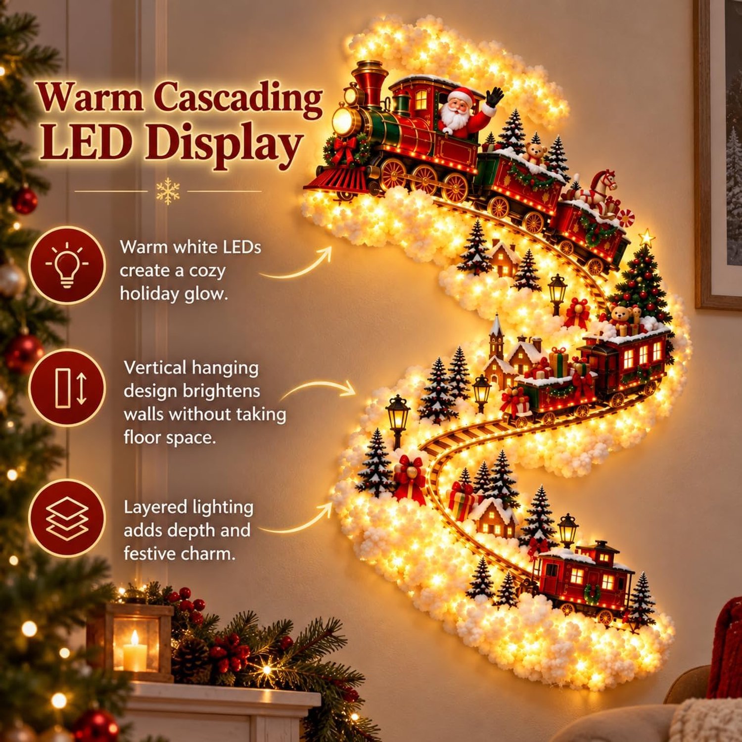 Kerstwandlamp - Warm wit LED - Verticale kerstwandlamp - Hangende decoratie met kerstman en trein - Waterval LED-wandlamp - Decoratieve kerstverlichting - Feestelijke sfeer - Kerstdecoratie - 44*88 cm - Ontwerp met kersttrein - Rood + Groen – foto 4