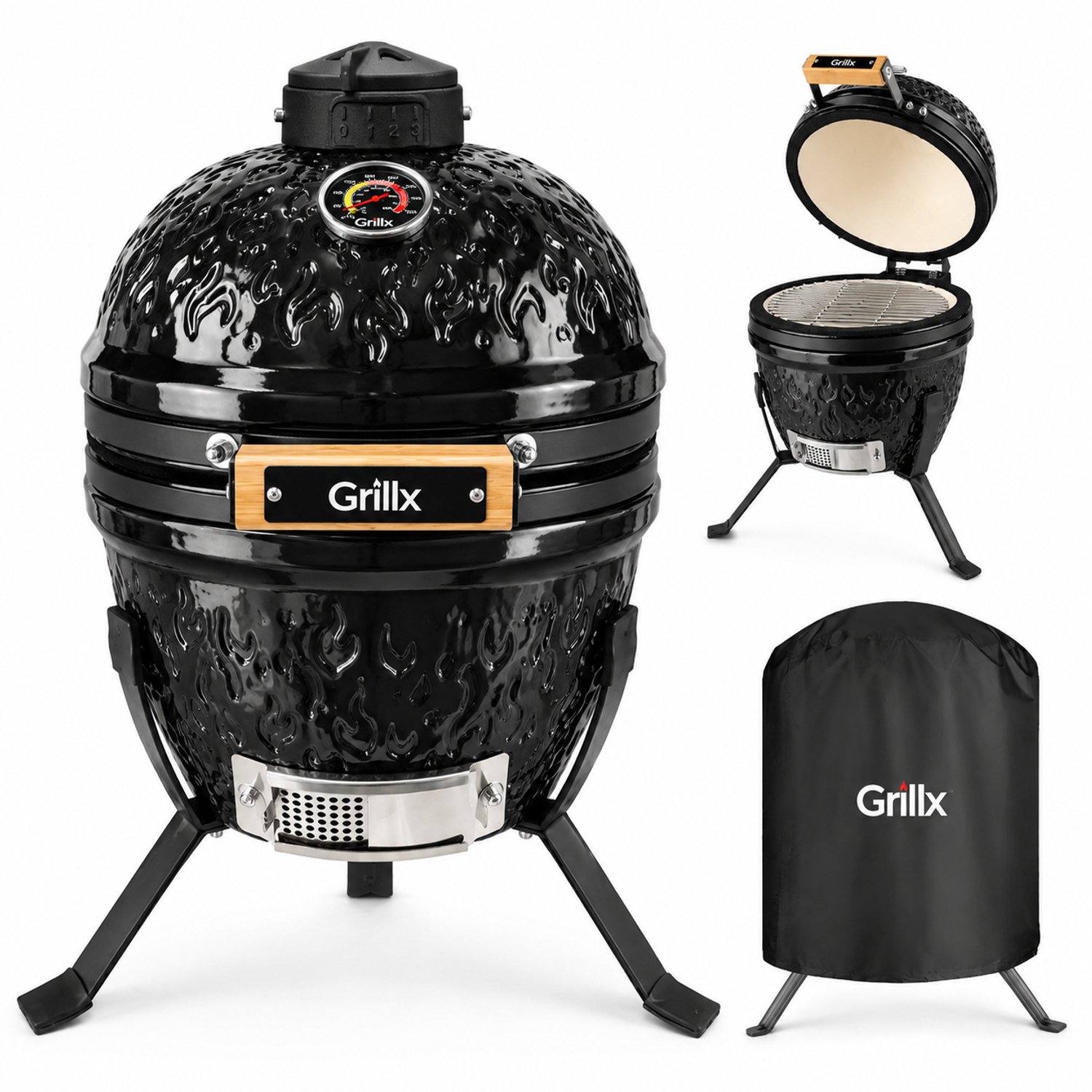 Bol.com Grillx Kamado BBQ - 13 Inch - Incl. Hoes - Flamed Pattern - Barbecue Egg - Houtskool Barbecue - Zwart - Ø 27cm aanbieding