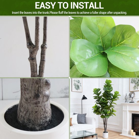 Kunstmatige Fiddle Leaf Fig Boom 213 cm – 7 ft – Meerstammig – Met Witte Pot & Sierkiezels – Realistische Zijden Bladeren – Onderhoudsvrij – Voor Woonkamer, Kantoor, Hal & Entree