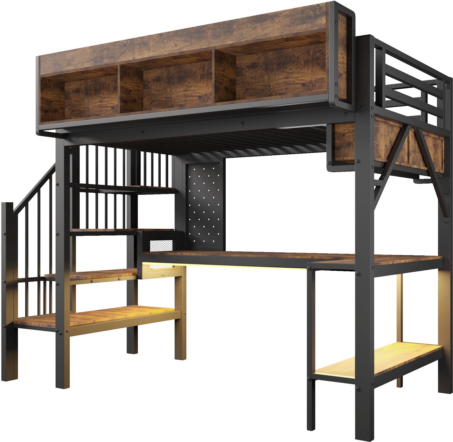 MUVANO Hoogslaper 90x200 met hoekbureau - Eenpersoonsbed met opbergtrap en LED - Metaal en MDF - 255 x 114 x 182 cm - Kinderkamer bruin zwart