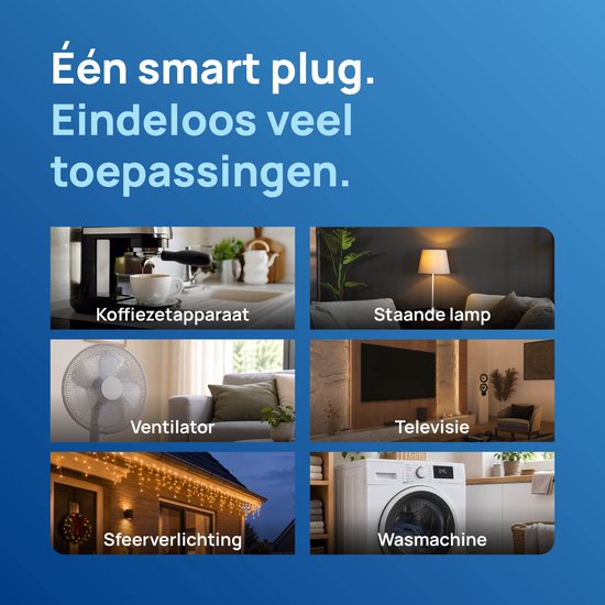 Zes voorbeelden van smart-plug toepassingen: koffiezetapparaat, staande lamp, ventilator, televisie, kerstverlichting en wasmachine.