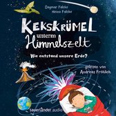 Luisterboekhoes: kind droomt onder de sterrenhemel met illustraties van een vulkaan, aarde en dinosaurus.